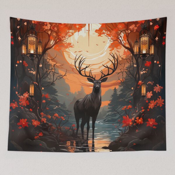 Item preview, Black Stag In The Floral Lantern Forest designed and sold by FoxTreeDesign.
