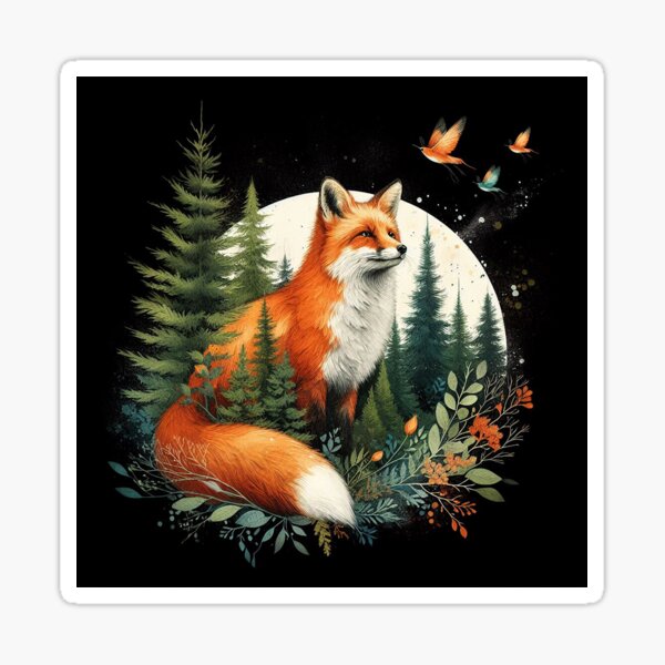 Item preview, Fox in the forest at the night - oil paint moonlight autumn illustration designed and sold by Fantasy Cache.