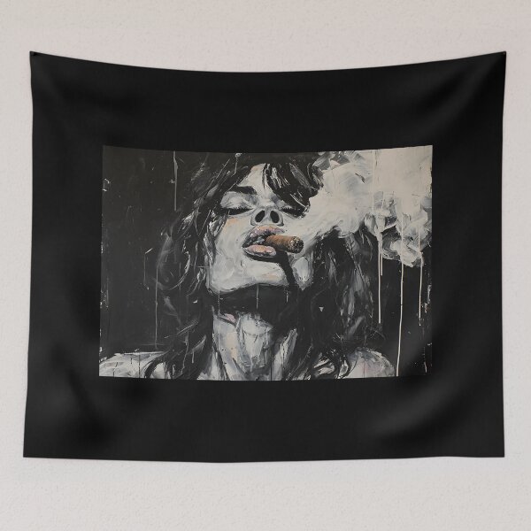 Item preview, Mystery Unveiled- The Mesmerizing World of Black, White, and Cigar Embrace Through Bold Brushstrokes designed and sold by OlfactoART Studio.