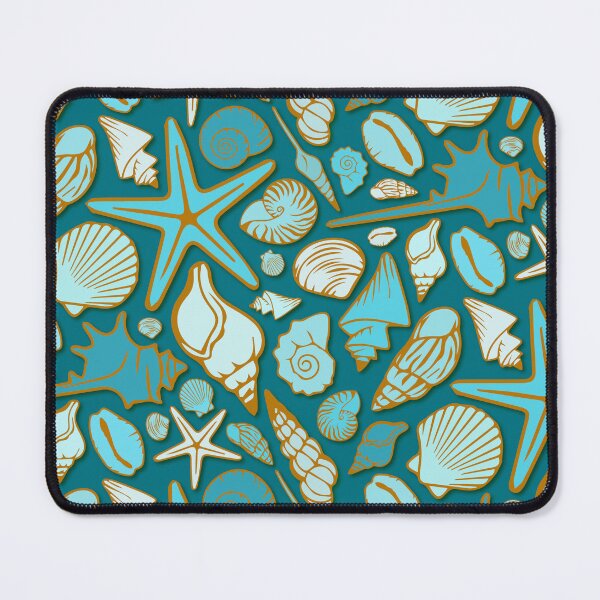 Item preview, Gold lined turquoise seashells on teal pattern designed and sold by starseedgems.