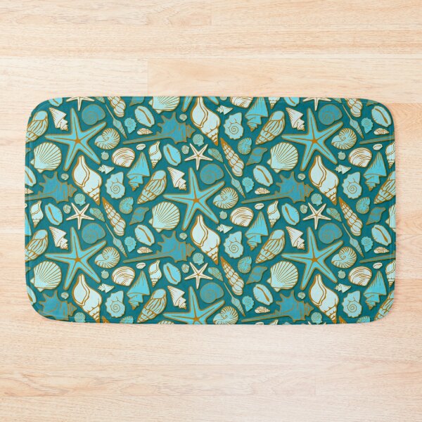 Item preview, Gold lined turquoise seashells on teal pattern designed and sold by starseedgems.