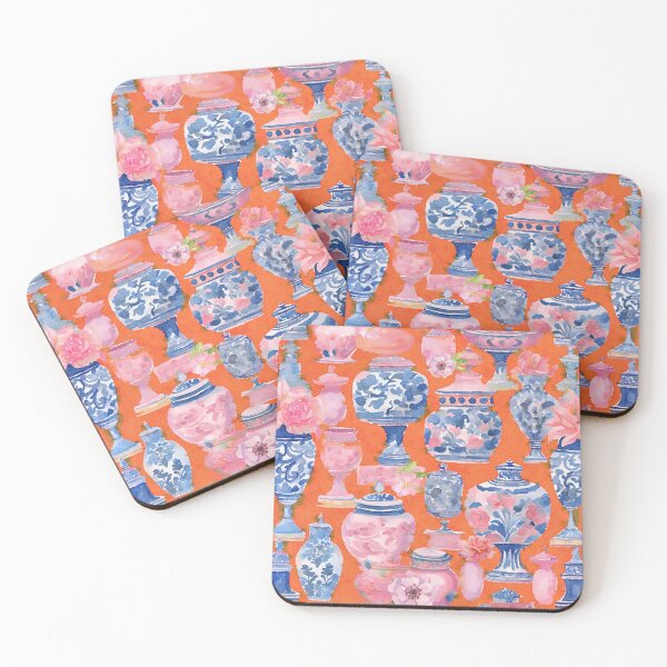 Item preview, Chinoiserie jars and flowers on orange designed and sold by SophieClimaArt.