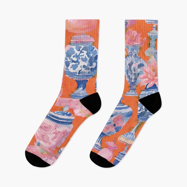 Item preview, Chinoiserie jars and flowers on orange designed and sold by SophieClimaArt.