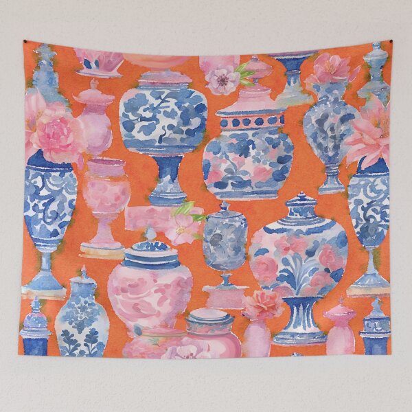 Item preview, Chinoiserie jars and flowers on orange designed and sold by SophieClimaArt.