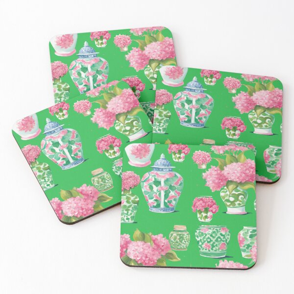 Item preview, Preppy pink hydrangeas and chinoiserie jars on green designed and sold by SophieClimaArt.