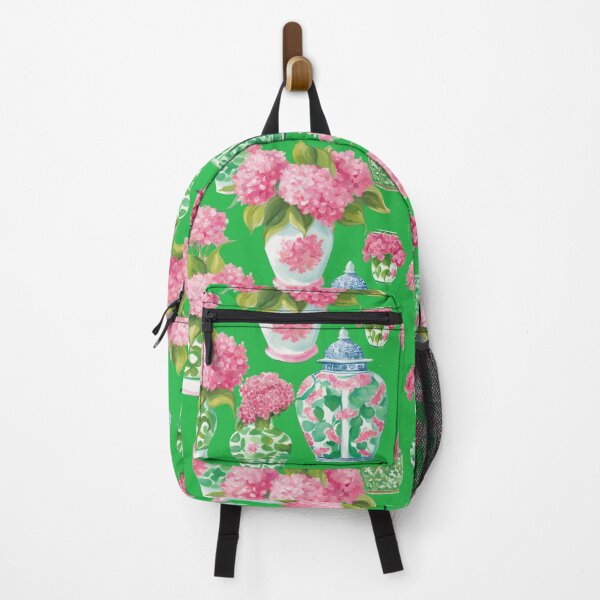 Item preview, Preppy pink hydrangeas and chinoiserie jars on green designed and sold by SophieClimaArt.