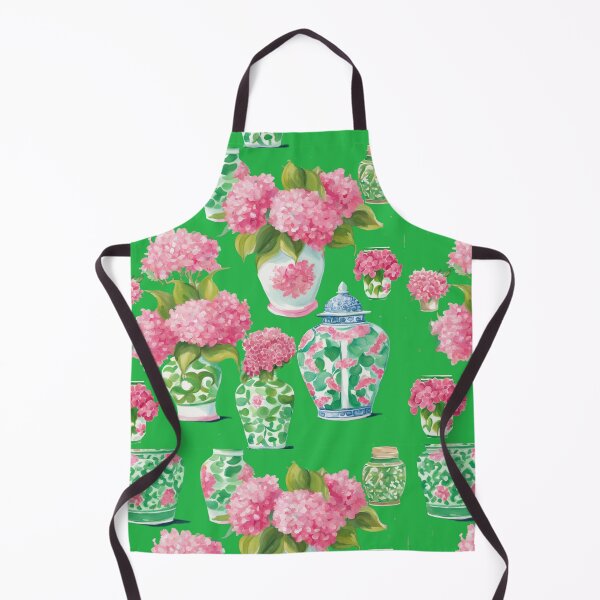 Item preview, Preppy pink hydrangeas and chinoiserie jars on green designed and sold by SophieClimaArt.