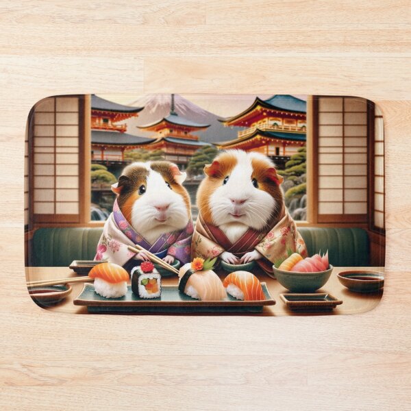 Item preview, Joyful Guinea Pig Couple, Deeply in Love Dressed in Traditional Japanese Kimonos, Savoring Sushi in Japan. designed and sold by clecticuk.