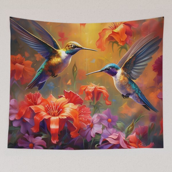 Artikelvorschau, Whimsical Garden Dance: Vibrant Hummingbird Family Illustration entworfen und verkauft von DrawnThreads.