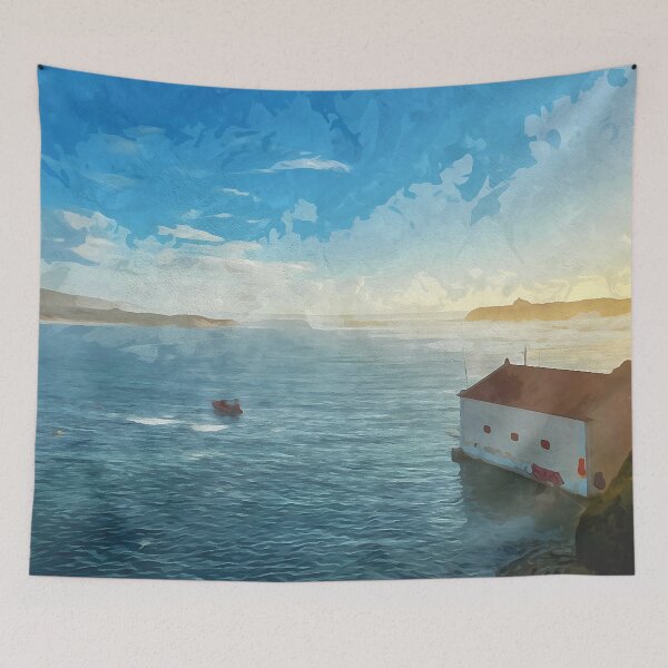 Item preview, boat on river estuary at sundown in watercolor designed and sold by Intermundium.