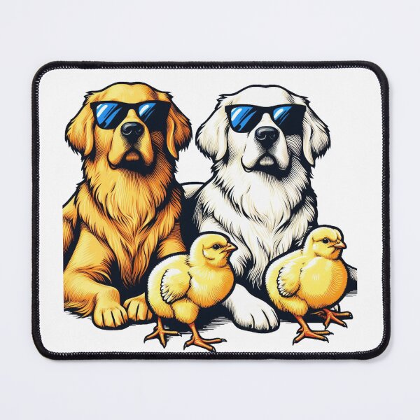 Item preview,  "Two Golden Retrievers lying down in the center, with a white dog and a black dog, and two yellow chicks posing in front." designed and sold by PaintMeWorld.
