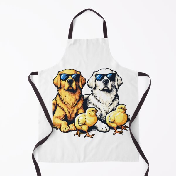 Item preview, "Two Golden Retrievers lying down in the center, with a white dog and a black dog, and two yellow chicks posing in front." designed and sold by PaintMeWorld.