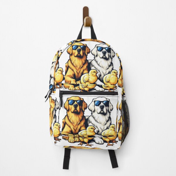 Item preview, "Two Golden Retrievers lying down in the center, with a white dog and a black dog, and two yellow chicks posing in front." designed and sold by PaintMeWorld.