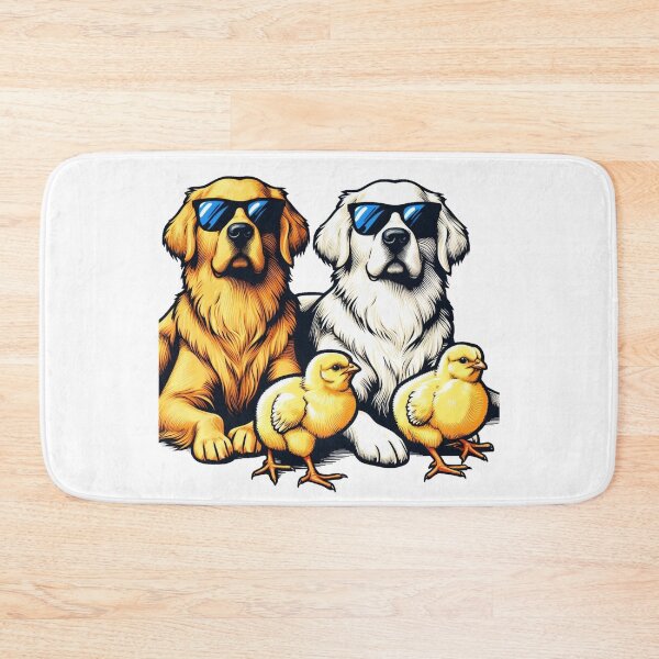 Item preview,  "Two Golden Retrievers lying down in the center, with a white dog and a black dog, and two yellow chicks posing in front." designed and sold by PaintMeWorld.