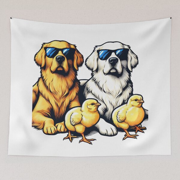 Item preview,  "Two Golden Retrievers lying down in the center, with a white dog and a black dog, and two yellow chicks posing in front." designed and sold by PaintMeWorld.