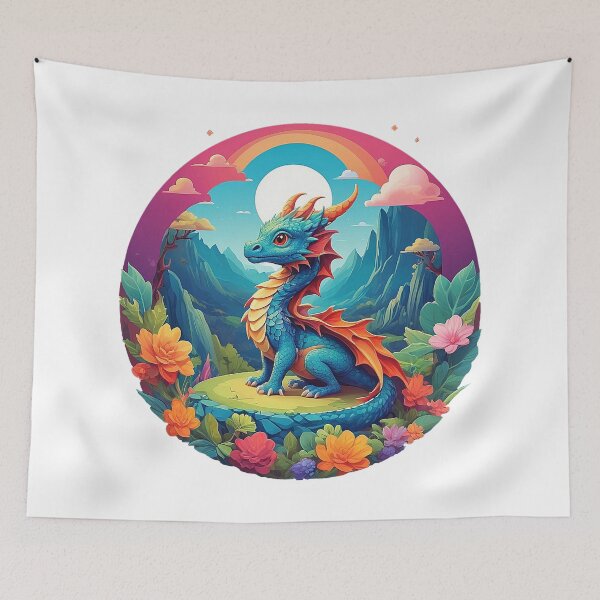 Item preview, Moonlight fairy tale: Blue dragon in a colorful sea of flowers designed and sold by Minpadesign.