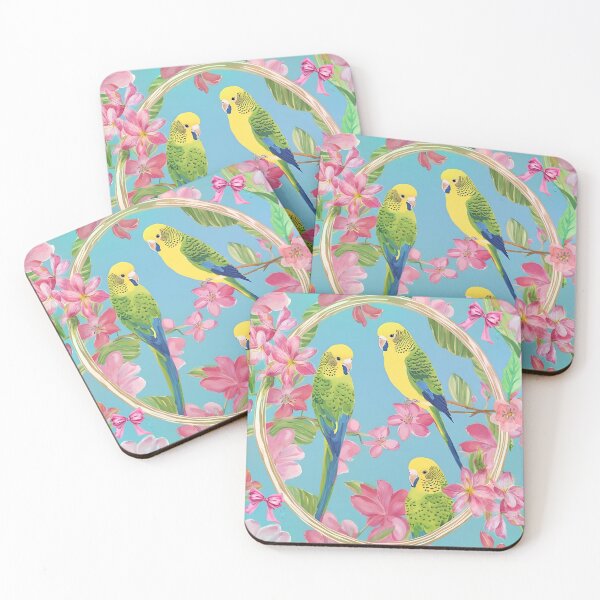 Item preview, Cute budgies and Azalea blossom on sky blue designed and sold by SophieClimaArt.