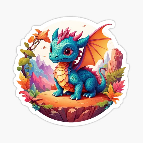 Aperçu de l'œuvre Magie d'automne : un adorable bébé dragon dans des mondes montagneux colorés créée et vendue par Minpadesign.