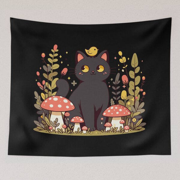Item preview, Black Cat With Yellow Bird in Mushroom Garden designed and sold by TomFrontierArt.