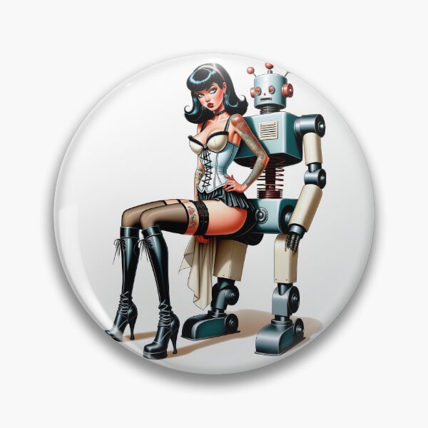 Item preview, Sexy Pinup Girl sitting on Retro Robots Lap designed and sold by BabesWithBots.