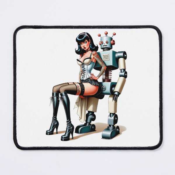 Item preview, Sexy Pinup Girl sitting on Retro Robots Lap designed and sold by BabesWithBots.