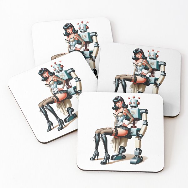 Item preview, Sexy Pinup Girl sitting on Retro Robots Lap designed and sold by BabesWithBots.