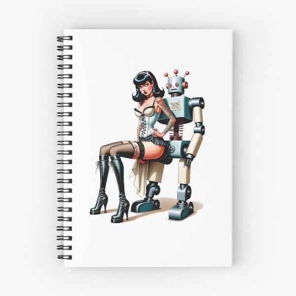 Item preview, Sexy Pinup Girl sitting on Retro Robots Lap designed and sold by BabesWithBots.