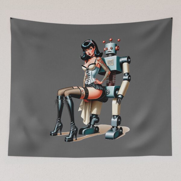 Item preview, Sexy Pinup Girl sitting on Retro Robots Lap designed and sold by BabesWithBots.