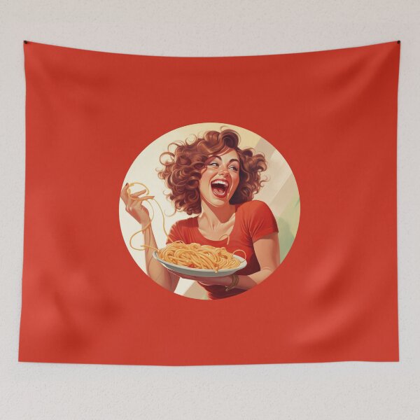 Item preview, Vintage Girl Eating Spaghetti, Pasta Lover, Foodie Art designed and sold by whiteraven-shop.