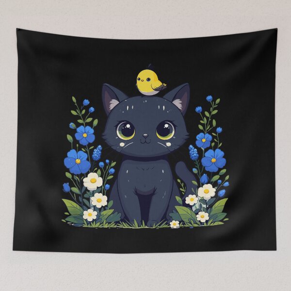 Item preview, Black Cat With Yellow Bird in Flower Garden designed and sold by TomFrontierArt.