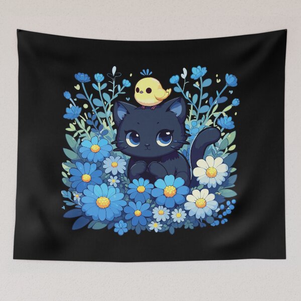Item preview, Black Cat With Yellow Bird in Flower Garden designed and sold by TomFrontierArt.