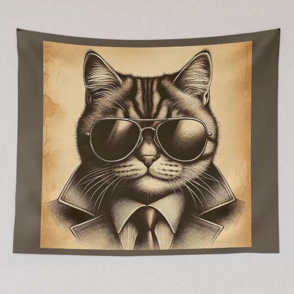 Item preview, Cool Retro Cat in Aviator Sunglasses, Sepia Line Art designed and sold by sweetbelle.