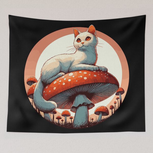 Item preview, Funny Vintage White Cat in Mushroom Garden designed and sold by TomFrontierArt.