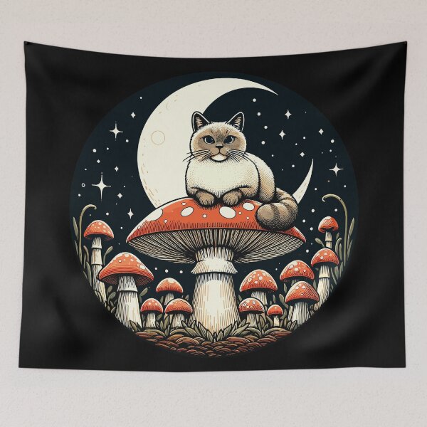 Item preview, Funny Vintage White Cat in Mushroom Garden designed and sold by TomFrontierArt.