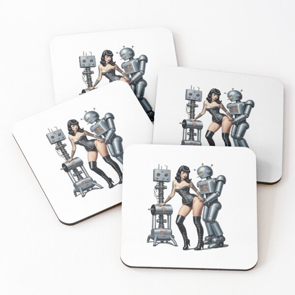 Item preview, Betty Bangs Pinup Girl posing with Retro Robot designed and sold by BabesWithBots.