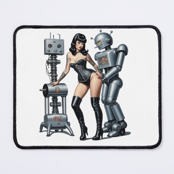 Item preview, Betty Bangs Pinup Girl posing with Retro Robot designed and sold by BabesWithBots.