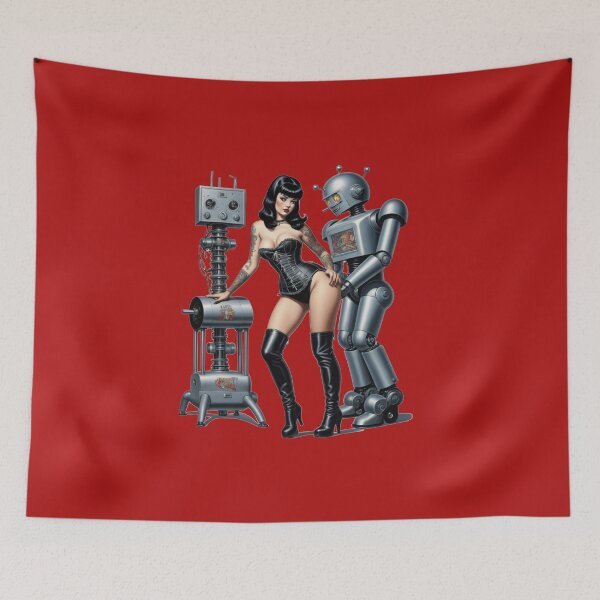 Item preview, Betty Bangs Pinup Girl posing with Retro Robot designed and sold by BabesWithBots.