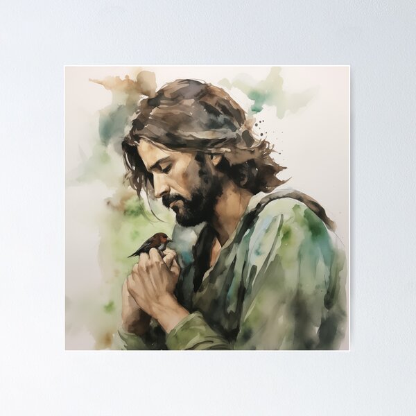 Item preview, Spiritual Embrace - Watercolor Illustration of Jesus with Bird designed and sold by David Balzen.