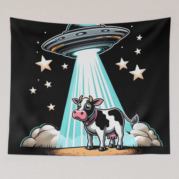 Item preview, Cartoon flying saucer beaming up a cow designed and sold by Inkstorm-London.
