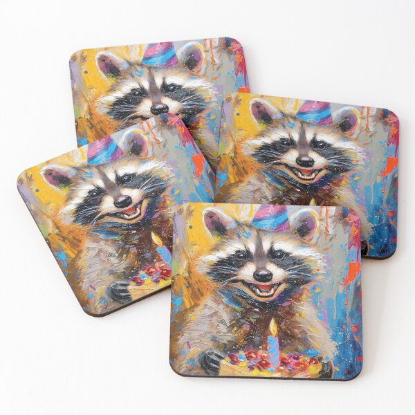 Item preview, Raccoon with Birthday Cake and Party Hat in vibrant painted style designed and sold by OddCorro.