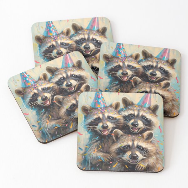 Item preview, Raccoon Trio with Party Hats and Balloons in vibrant painted style designed and sold by OddCorro.