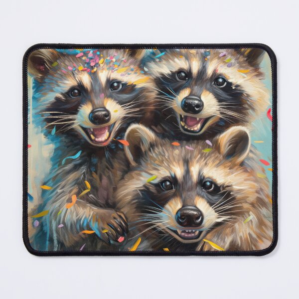 Item preview, Raccoon Trio with Party Hats and Balloons in vibrant painted style designed and sold by OddCorro.