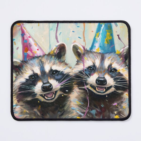 Item preview, Raccoon Duo with Party Hats and Confetti in vibrant painted style designed and sold by OddCorro.