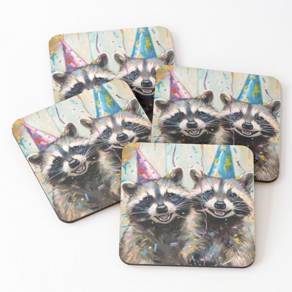 Item preview, Raccoon Duo with Party Hats and Confetti in vibrant painted style designed and sold by OddCorro.
