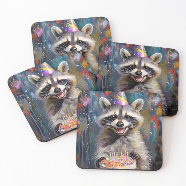 Item preview, Happy Raccoon with Birthday Cake and Party Hat in painted style designed and sold by OddCorro.