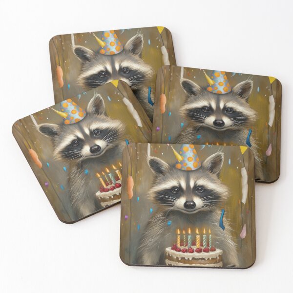 Item preview, Raccoon with Birthday Cake and Party Hat in classic painted style designed and sold by OddCorro.