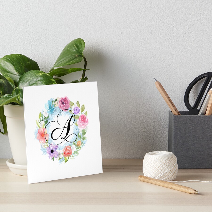 "Watercolor Floral Wreath Monogram Letter A" Art Board Print for Sale