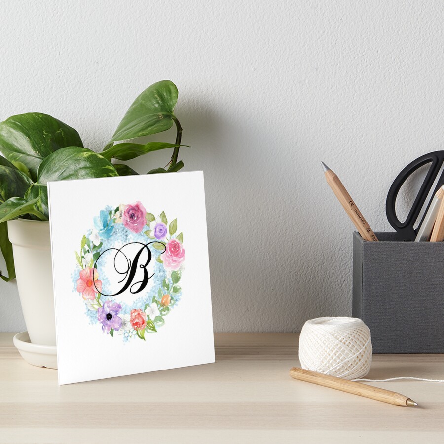 "Watercolor Floral Wreath Monogram Letter B" Art Board Print For Sale ...