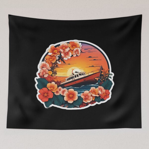 Item preview, Beautiful Boat Sailing at Sunset near Hawaii Beach with Red Orchids designed and sold by NautiChic.