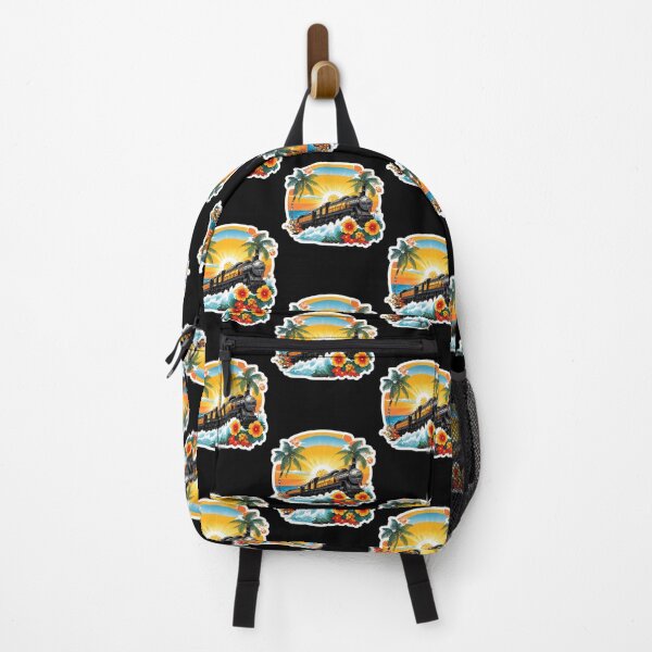 Item preview, Black Vintage Locomotive with Waves and Hawaiian Orchids designed and sold by NautiChic.